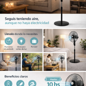 Ventilador de Pie a Batería GIGO 16″ – Recargable, Portátil, 3 Velocidades