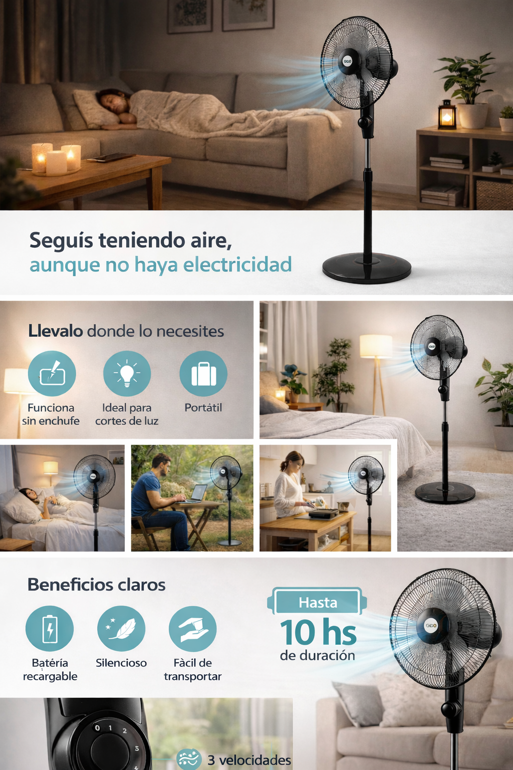 Ventilador de Pie a Batería GIGO 16" – Recargable, Portátil, 3 Velocidades - Imagen 2